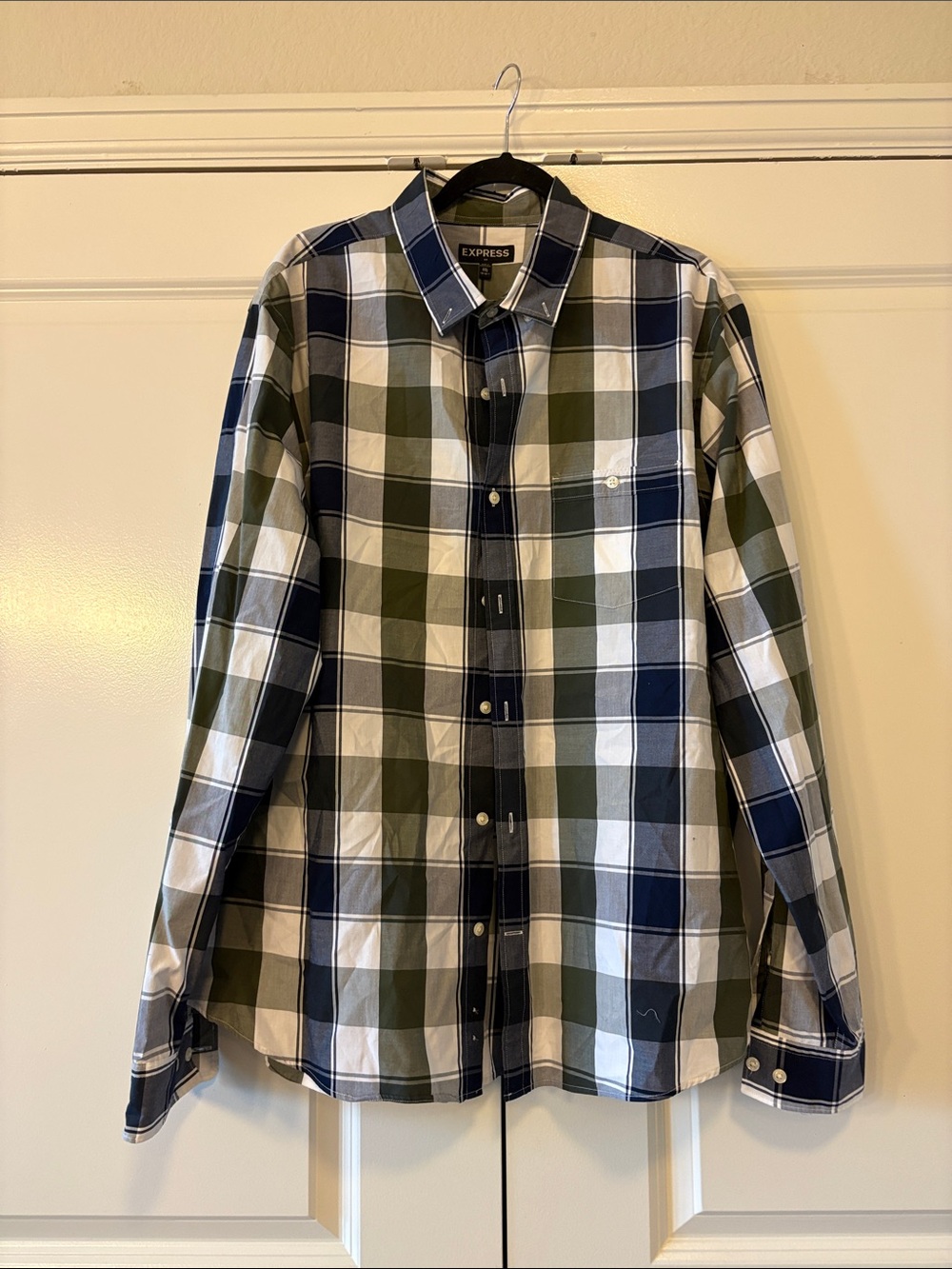 Express Men's Olive, Navy & White Plaid Button-Down Shirt